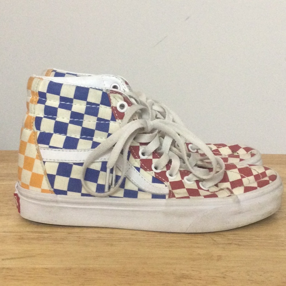 🌞 Vans Off the Wall high top sneakers checkered Red Blue & Yellow women size 5.5